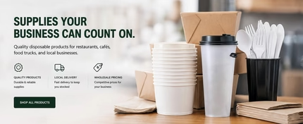 Disposable cups, takeout containers, napkins, utensils, and paper bags for restaurants